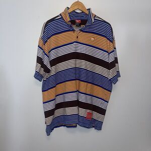 Ecko Unltd Polo Shirt Mens Large Blue Gold Black Stripe Short Sleeve y2k